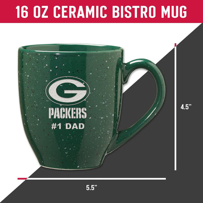 Rico Industries NFL Football Green Bay Packers #1Dad - Taza de café de cerámica moteada grabada con láser de color del equipo de 16 onzas