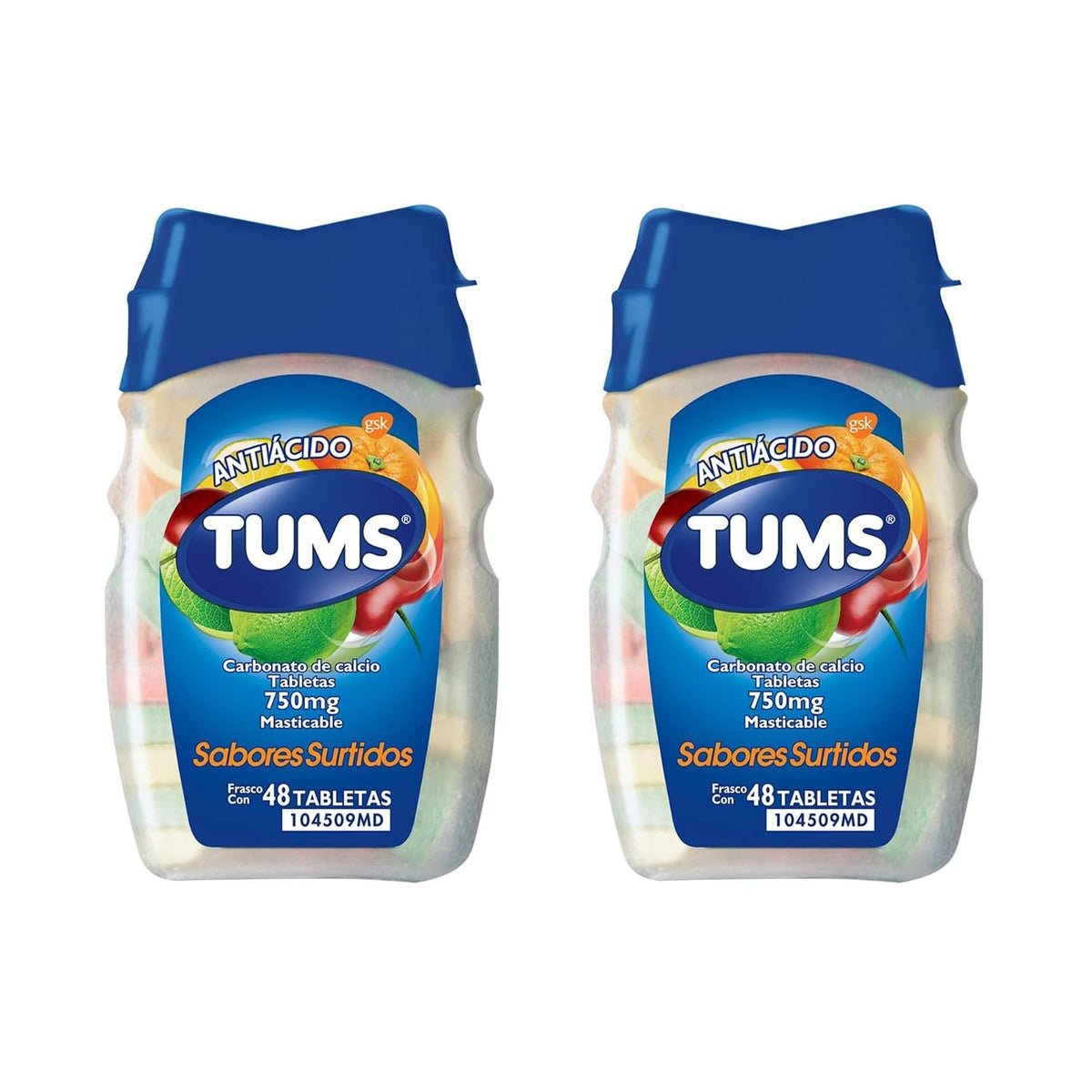 TUMS Antiácido con Carbonato De Calcio 750mg, para Acidez Estomacal, Sabores Surtidos, 2 pack 45 Pastillas Masticables cada