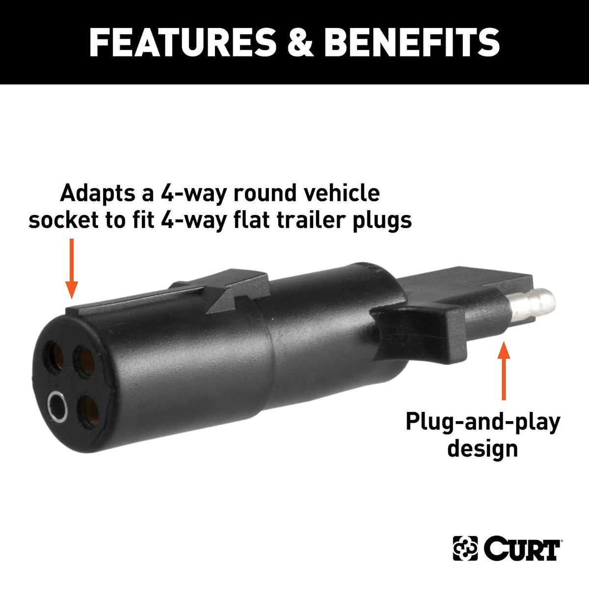 CURT Adaptador de Cableado Redondo 4 Pines para Remolque 4 Vías 58414, Negro