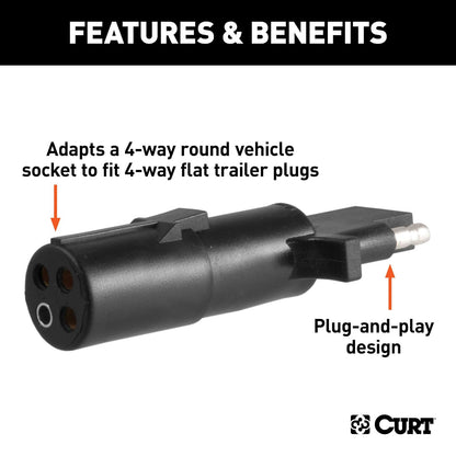 CURT Adaptador de Cableado Redondo 4 Pines para Remolque 4 Vías 58414, Negro
