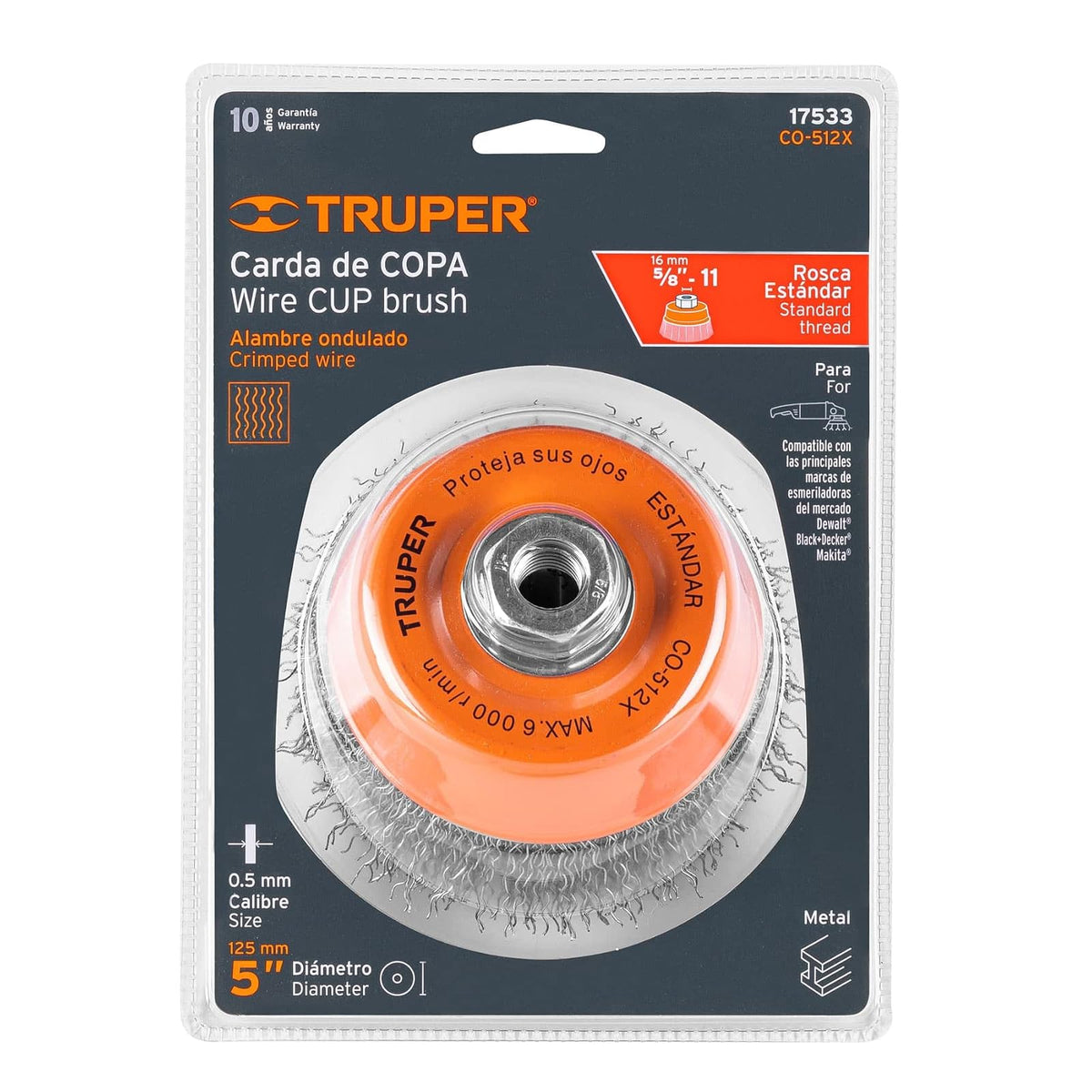 Truper CO-512X, Carda de copa, alambre ondulado grueso, 5x5/8" para esmeril