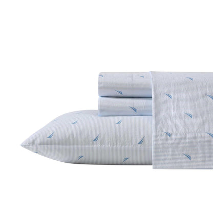 Nautica - Juego de sábanas de algodón percal con Funda de Almohada a Juego, crujiente y Fresco, Esencial para recámara (Rayas náuticas, Azul pálido)