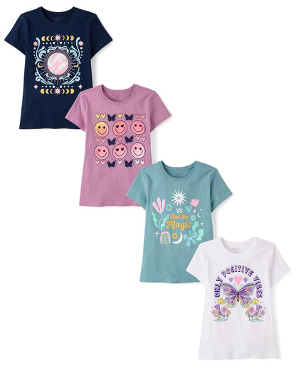 The Children's Place Playeras Estampadas de Manga Corta para Niña - M - Planeta - Butteflies - Magic - Postive Vibes