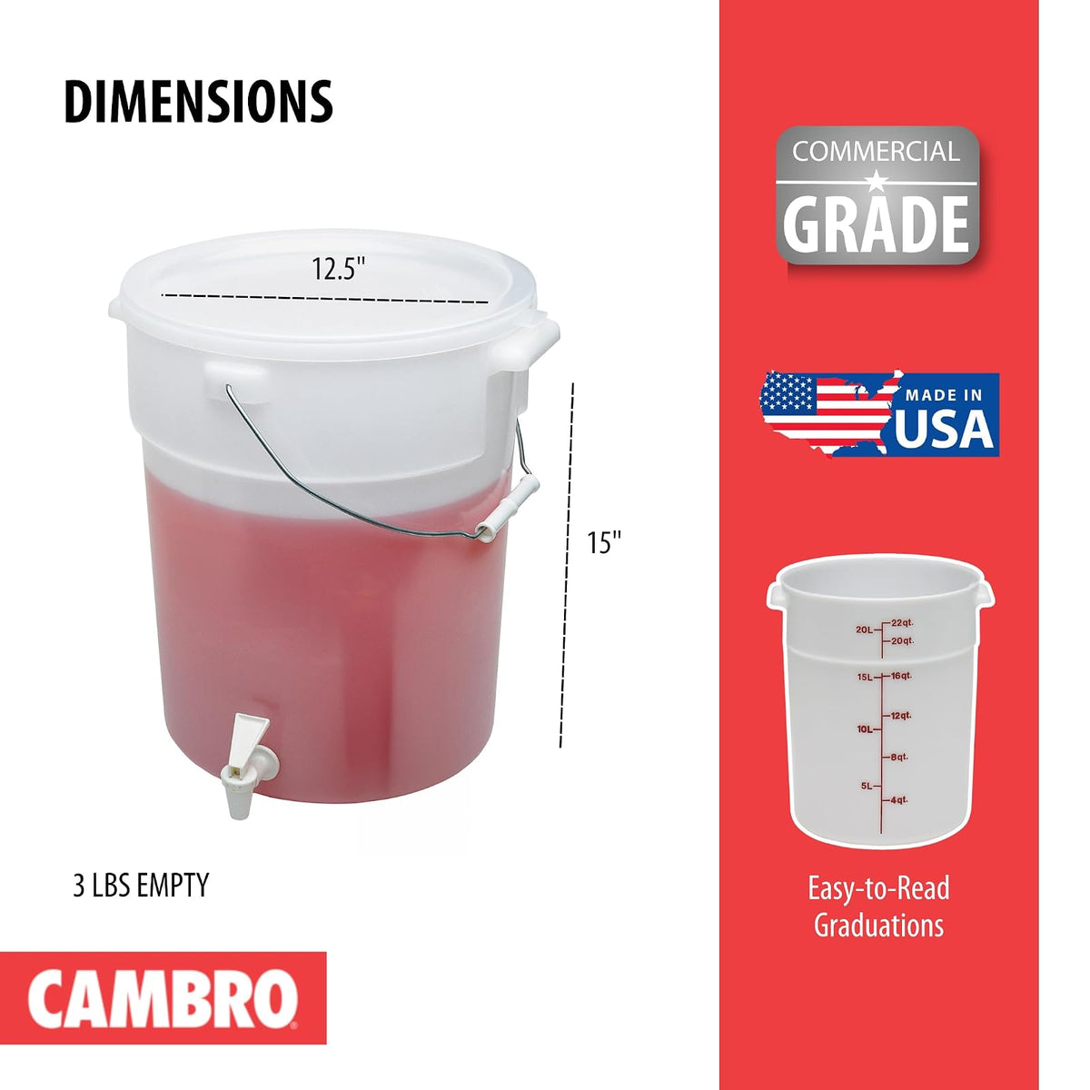 Cambro DSPR6148 Dispensador de bebidas de seis galones (22,7 l), blanco, caja de 22 cuartos de galón