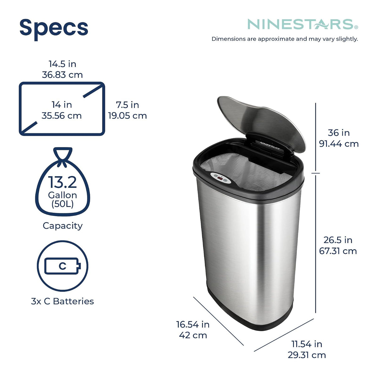 NINESTARS DZT-50-13 la papelera original sin contacto con sensor de movimiento automático, parte superior negra, 13.2 galones / 50 L, Acero Inoxidable, Art Deco, Acero inoxidable, 13 Gal. 50 L, 1