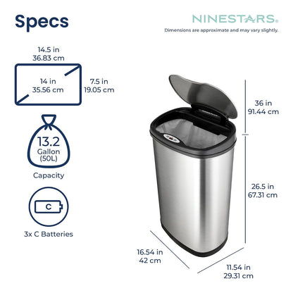 NINESTARS DZT-50-13 la papelera original sin contacto con sensor de movimiento automático, parte superior negra, 13.2 galones / 50 L, Acero Inoxidable, Art Deco, Acero inoxidable, 13 Gal. 50 L, 1
