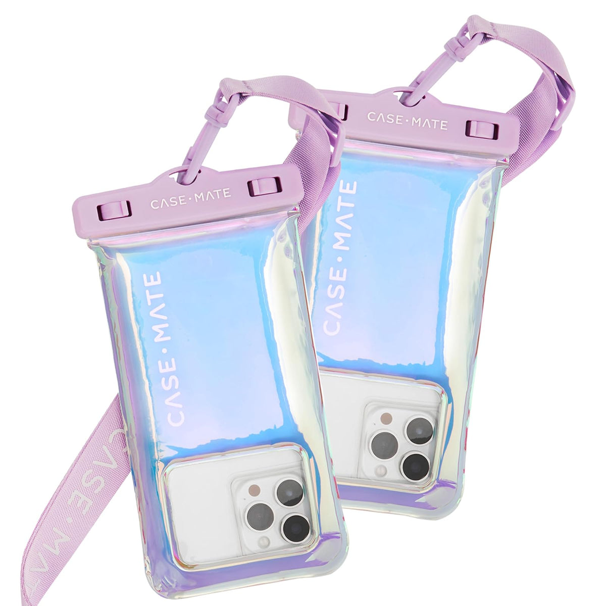 Case-Mate Funda Impermeable IP68 Flotante con Cordón para Celular, Cromo Plateado - Iridescente, paquete de 2
