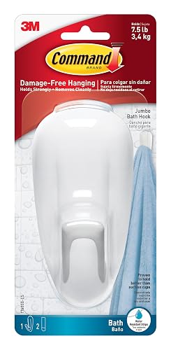 COMMAND 3M Gancho Adhesivo Removible para Baño Grande Blanco 1 pza | Soporta hasta 3.4 kg, Organiza interiores sin dañar, No requiere herramientas, Fácil de instalar, Tiras impermeables