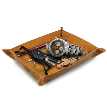 Londo - Vassoio in Vera Pelle - Organizzatore - Pratico Contenitore per Portafogli, Orologi, Chiavi, Monete, Telefoni Cellulari e Attrezzature per Ufficio (Cammello)