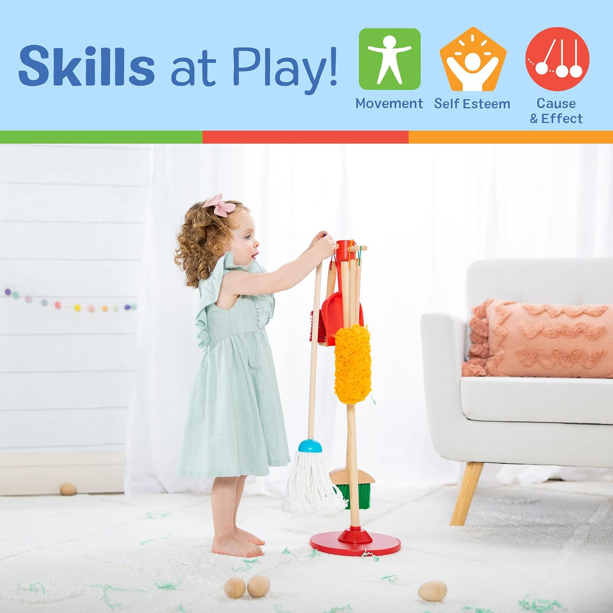 Melissa & Doug ¡Juguemos de Casita! Juego de Limpieza: ¡Desempolvar, Barrer, Fregar! Set de Juego de Imitación de Tamaño para Niños, con Escoba, Trapeador, Plumero y Base (6 Piezas)