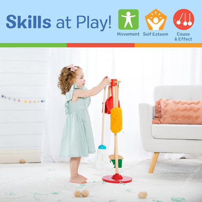 Melissa & Doug ¡Juguemos de Casita! Juego de Limpieza: ¡Desempolvar, Barrer, Fregar! Set de Juego de Imitación de Tamaño para Niños, con Escoba, Trapeador, Plumero y Base (6 Piezas)