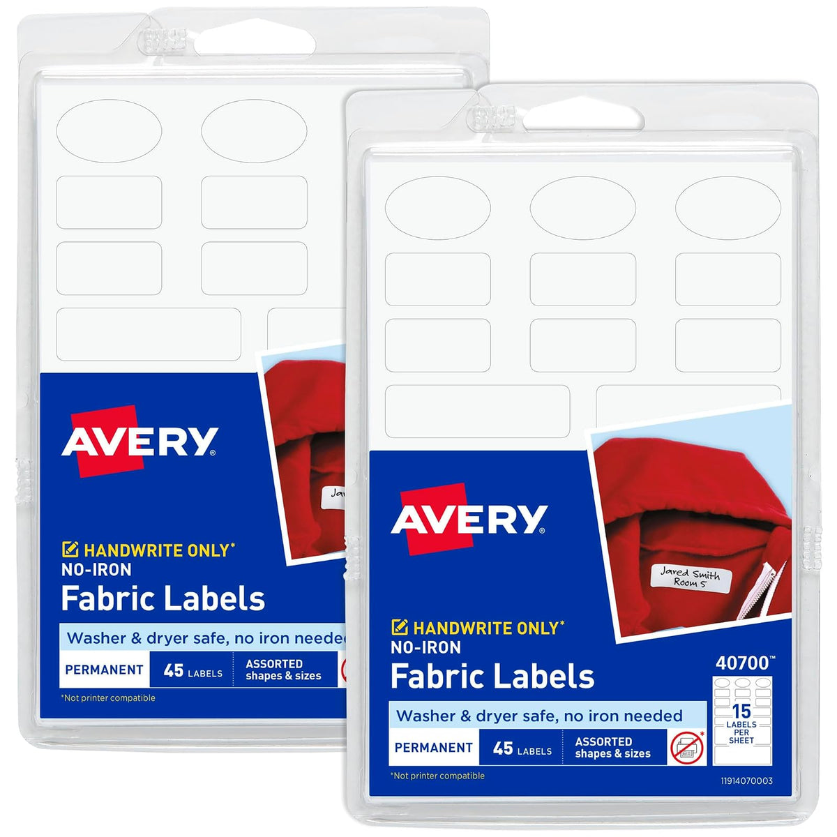 AVERY Etiquetas de ropa para niños, sin planchar, aptas para lavadora y secadora, formas y tamaños surtidos, (paquete de 2) 90 etiquetas (40700)