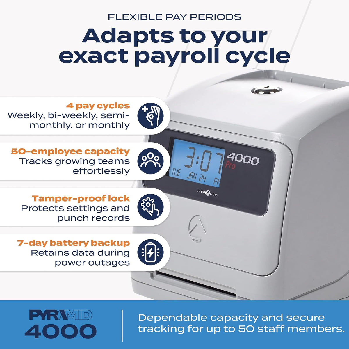 Pyramid Time Systems - Reloj de Tiempo automático Modelo 4000, Reloj electrónico para pequeñas Empresas, el Paquete Incluye: 25 Tarjetas de Tiempo, Cinta y 2 Llaves de Seguridad, Color Plateado (7.25
