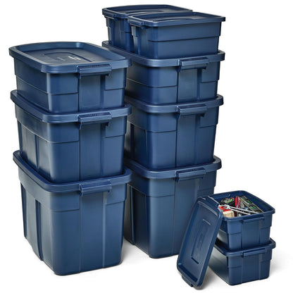 Rubbermaid Roughneck - Variedad de bolsa – Fabricado en los Estados Unidos | Dark índigo Metallic, Bolsa de almacenamiento apilable de plástico resistente con tapa y asas (paquete de 10) - Dark índigo Metallic - Variety - 10 Pack - Sólido