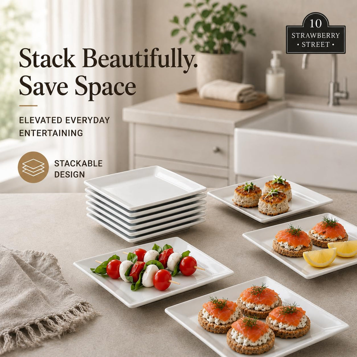 10 Strawberry Street Juego de 6 platos cuadrados de cerámica de fresa de 6 pulgadas, blanco, sólido, apto para lavaplatos, horno y microondas