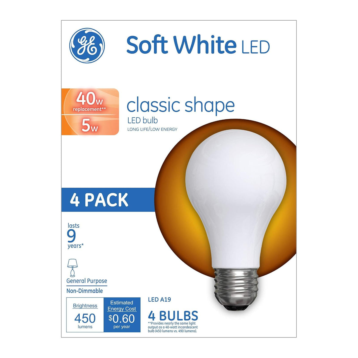 GE Lighting A21 - foco LED de luz diurna (forma clásica, uso general), 40 W, Paquete de 4, Blanco congelado