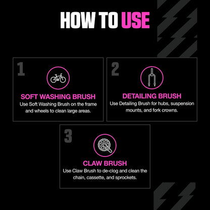 Muc-Off 220 Juego de 3 Cepillos de Limpieza Premium para Bicicleta con Cerdas de Nailon, Multicolor