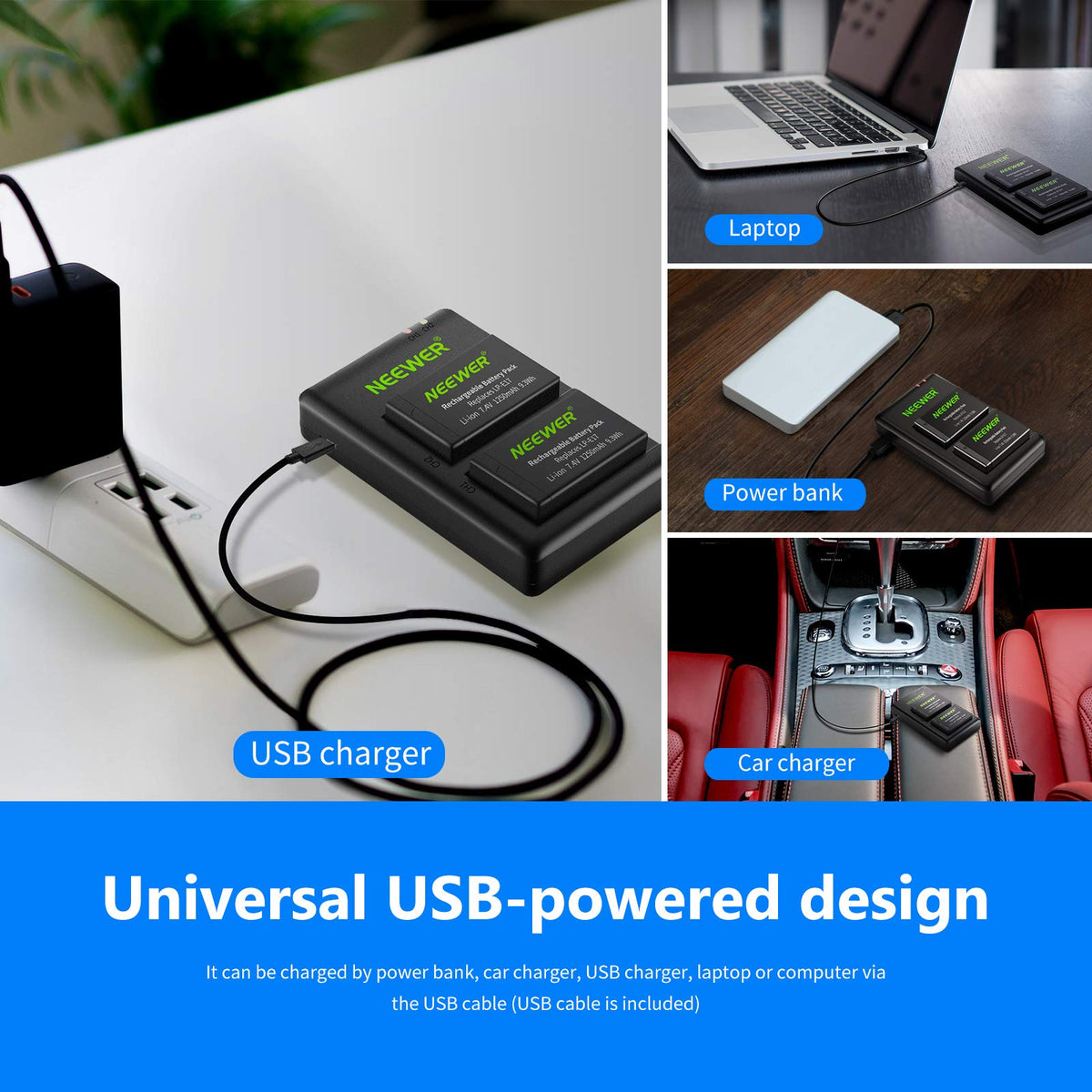 NEEWER 2-Pack LP-E17 Mejorada Batería y Cargador USB Dual para Canon EOS RP, Rebel SL2, SL3, T6i, T6s, T7i, M3, M5, M6, 200D, 77D, 750D, 760D, 800D, Cámara SLR Digital
