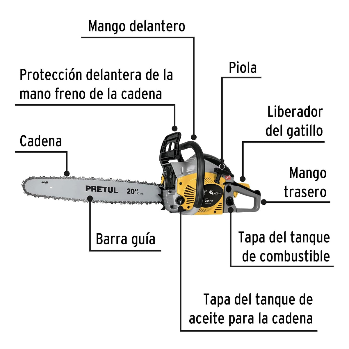 Pretul MOT-4520P, Motosierra 45 cc a gasolina con barra de 20"