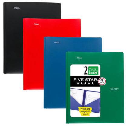 Five Star - Carpeta de 2 bolsillos, paquete de 4 carpetas de plástico con cierres de punta, capacidad para papel de 8-1/2 x 11 pulgadas, negro, rojo fuego, verde bosque, azul pacífico (38140)