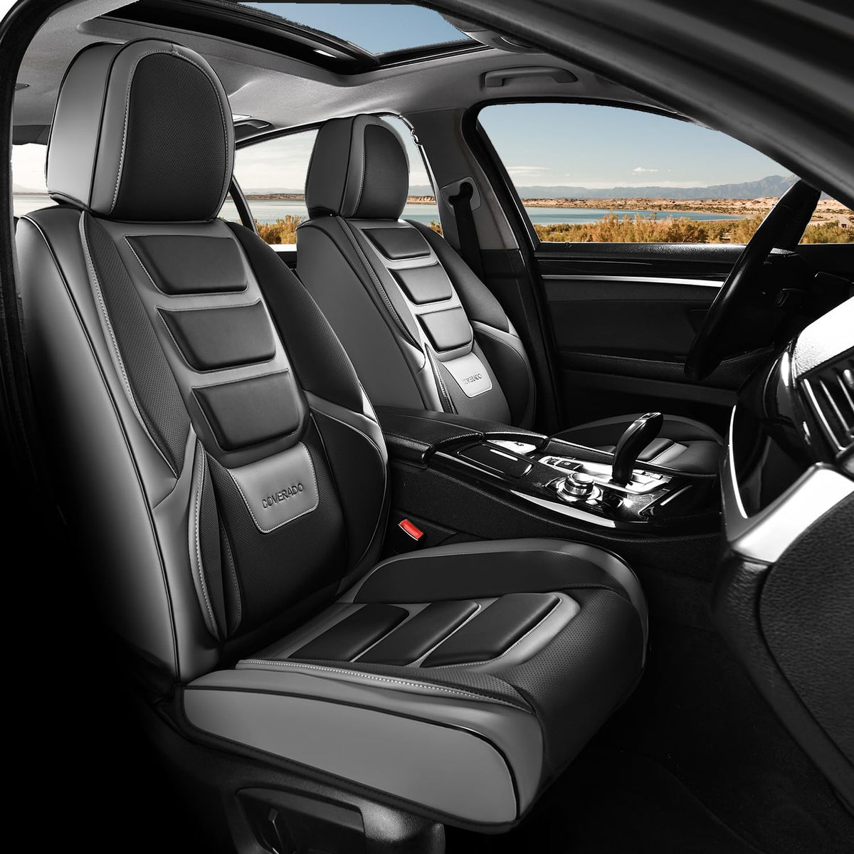 Coverado Fundas de Asiento Delantero de Piel Napa, Impermeables, Ajuste Universal - Negro y gris - Par frontal