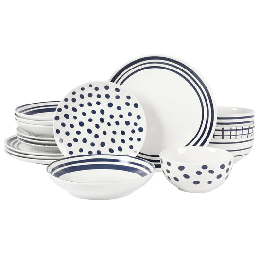 Gibson Home Seaboard - Juego de vajilla y cuencos de porcelana blanca y azul