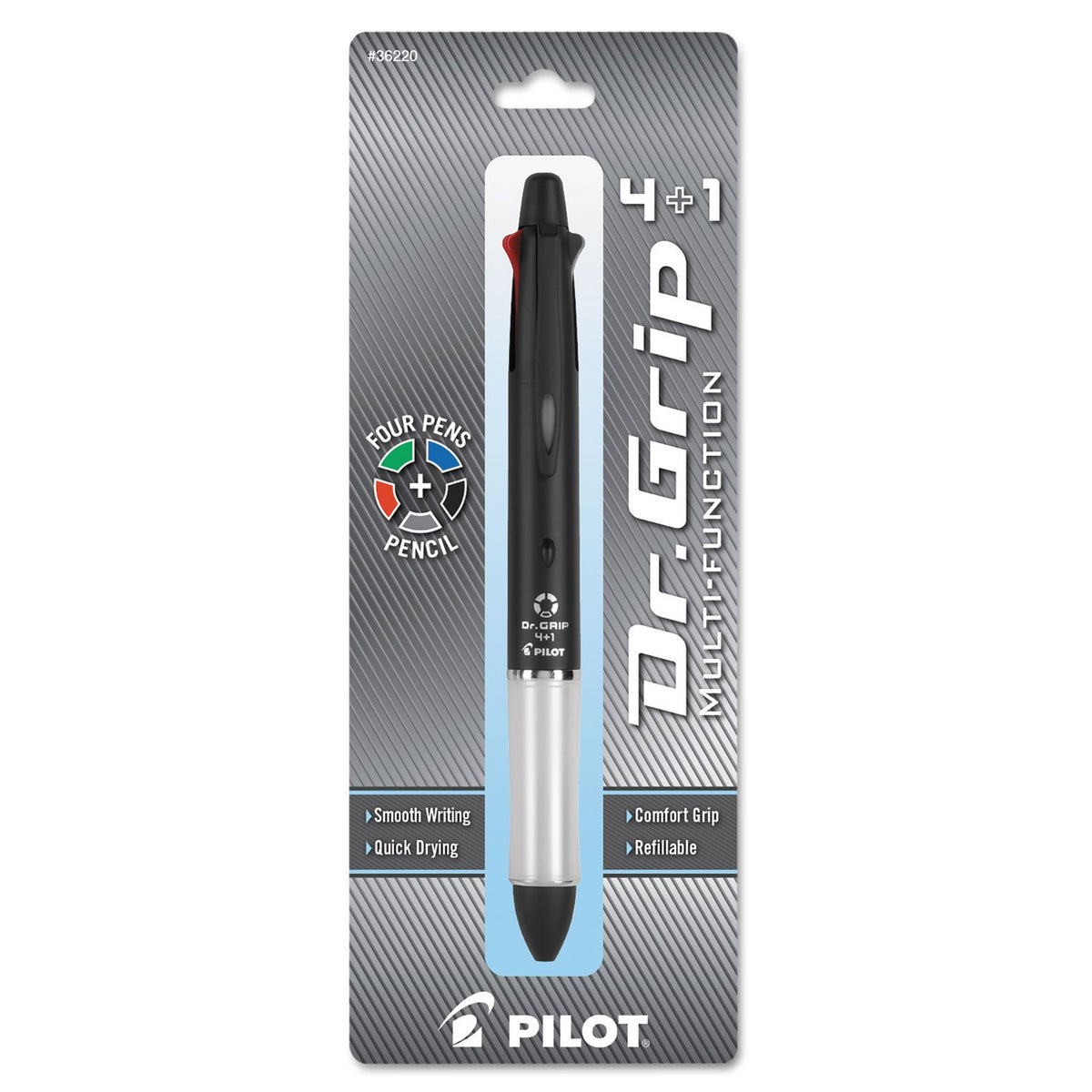 Pilot Dr. Grip 4+1 Multifunction Ballpoint Pen + Pencil, Assorted Color Inks, Black Barrel, 1-Pack (36220)