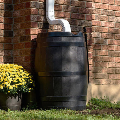 FCMP RC45-BLK - Barril de lluvia para exteriores (45 galones), barril de agua con parte trasera plana para regar plantas al aire última intervensión, jardines y paisajes, color negro