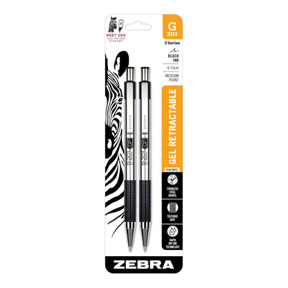 Zebra Pen G-301 Bolígrafo de Gel Retráctil Punto Medio 0.7 mm, Barril de Acero Inoxidable - 2 Unidad (Paquete de 1) - Black