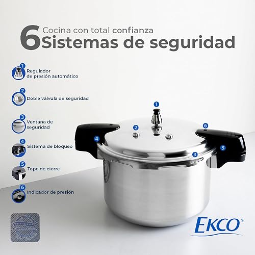 Ekco | Olla Express de 11 Litros Aluminio con 6 Sistemas de Seguridad | Cuerpo y tapa de aluminio, Cocción rápida, Mangos de baquelita, Cierre hermético, Certificado NOM