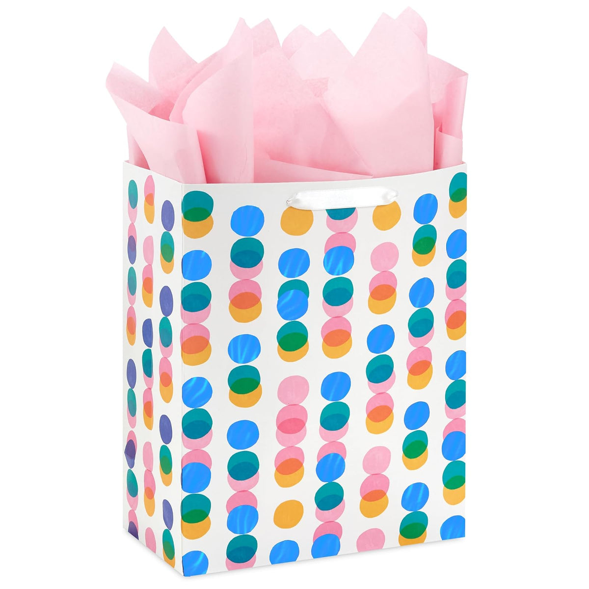 Hallmark - Bolsa de regalo grande de 13 pulgadas con papel de seda | Asas de cinta de satén, reciclables, 3 hojas de pañuelo, sostiene juguetes, libros, ropa, 10.4 x 5.7 pulgadas - Rosa, Amarillo, Azul Foil