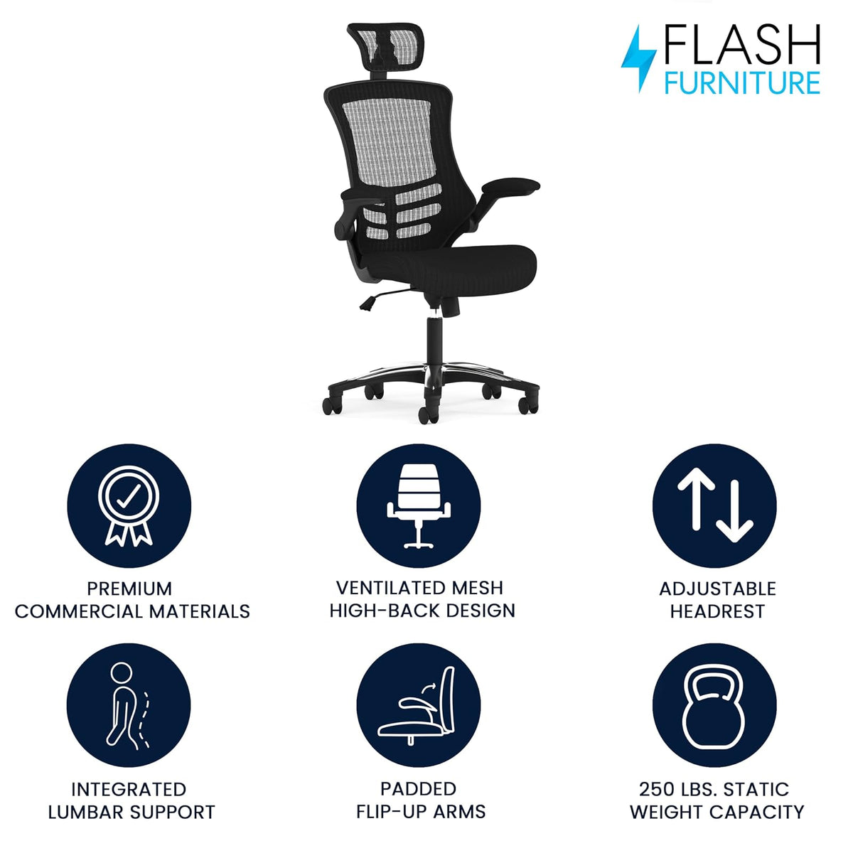 Flash Furniture High-Back Black Mesh Swivel Ergonomic Executive Office Chair with Flip-Up Arms and Adjustable Headrest