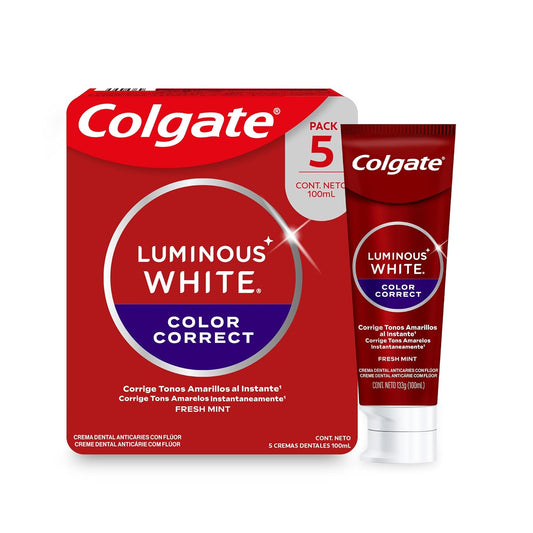 Colgate Pasta Dental Luminous White Color Correct 5 piezas de 100ml | Con Tecnología que involucra Espuma Morada para Neutralizar Tonos Amarillos al Instante