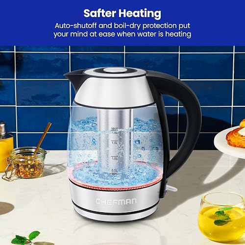 Chefman - Hervidor eléctrico de vidrio 1.8 L, 1500 W | Con infusor de té, función de mantener el calor, apagado automático y protección contra ebullición