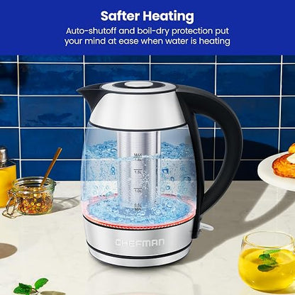 Chefman - Hervidor eléctrico de vidrio 1.8 L, 1500 W | Con infusor de té, función de mantener el calor, apagado automático y protección contra ebullición