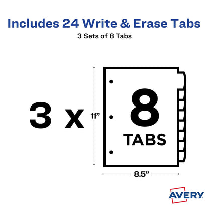 Avery Big Tab Write & Erase Divisores de plástico duradero, juego de 8 pestañas, brillos multicolores, 3 juegos (21210)