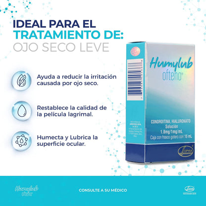 HUMYLUB OFTENO Gotas Oftálmicas Lubricantes con Hialuronato de Sodio y Condroitín Sulfato, Alivio Eficaz para Ojo Seco Leve a Moderado, Estabiliza Película Lagrimal, Frasco Gotero 15 ml