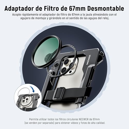 NEEWER Universal Phone Video Rig con Empeñaduras, Adaptador Filtro 67mm, Zapata Fría para dji Mic, Estabilizador de Jaula de Móvil para Grabación para iPhone 16 15 Pro MAX S23 Ultra Pixel 8 Pro, PA017