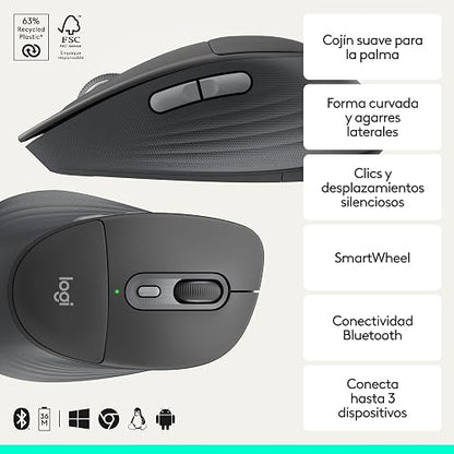 Logitech Signature Comfort Plus M850 L, Mouse inalámbrico, Bluetooth con Almohadilla para la Palma, clics discretos, autonomía de 24 Meses, Botones Personalizables, Windows, Mac y iPad - Negro