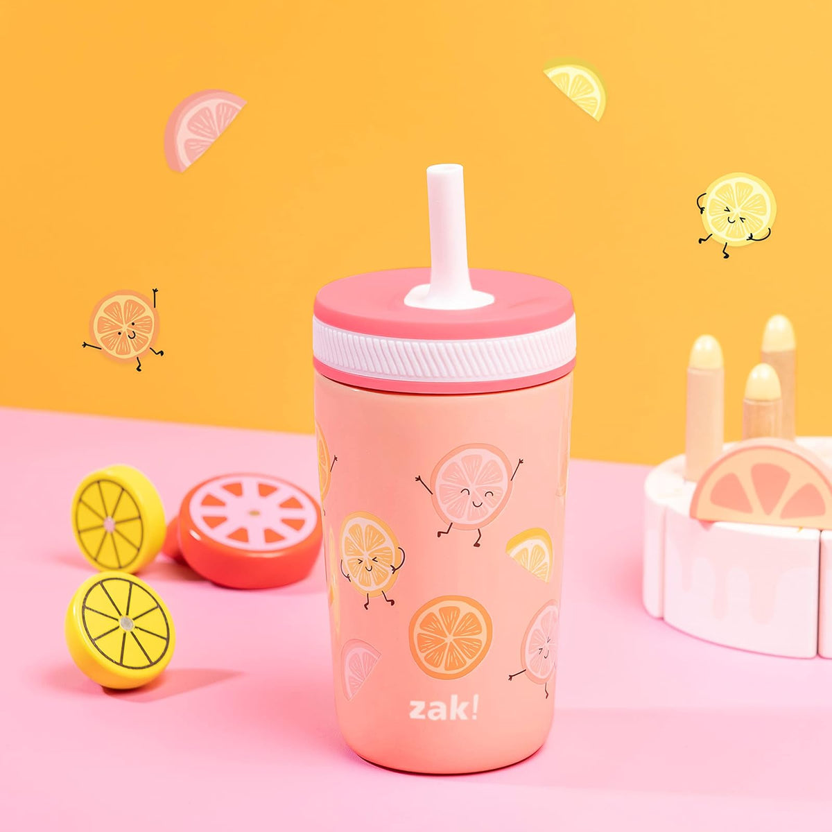 Zak Designs Vasos para niños pequeños para viajes o en casa, taza de acero inoxidable aislada al aspiradora de 12 onzas con diseño a prueba de fugas, perfecto para niños (fruta feliz)