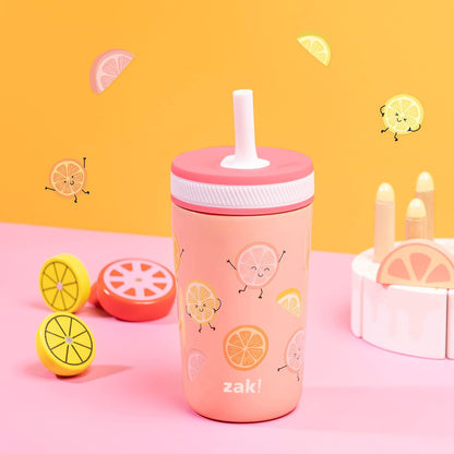 Zak Designs Vasos para niños pequeños para viajes o en casa, taza de acero inoxidable aislada al aspiradora de 12 onzas con diseño a prueba de fugas, perfecto para niños (fruta feliz)