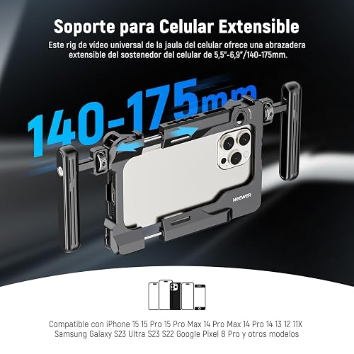 NEEWER Universal Phone Video Rig con Empeñaduras, Adaptador Filtro 67mm, Zapata Fría para dji Mic, Estabilizador de Jaula de Móvil para Grabación para iPhone 16 15 Pro MAX S23 Ultra Pixel 8 Pro, PA017