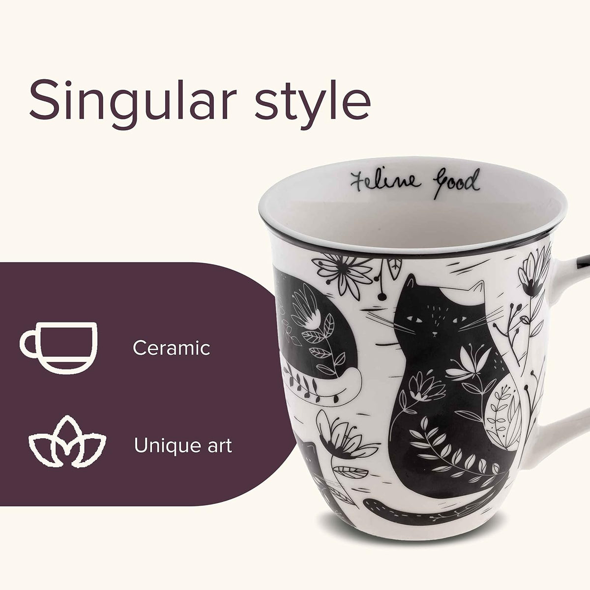 Karma Gifts - Taza bohemia de 16 onzas en blanco y negro para gatos, bonita taza de café y té, tazas de café de cerámica para mujeres y hombres