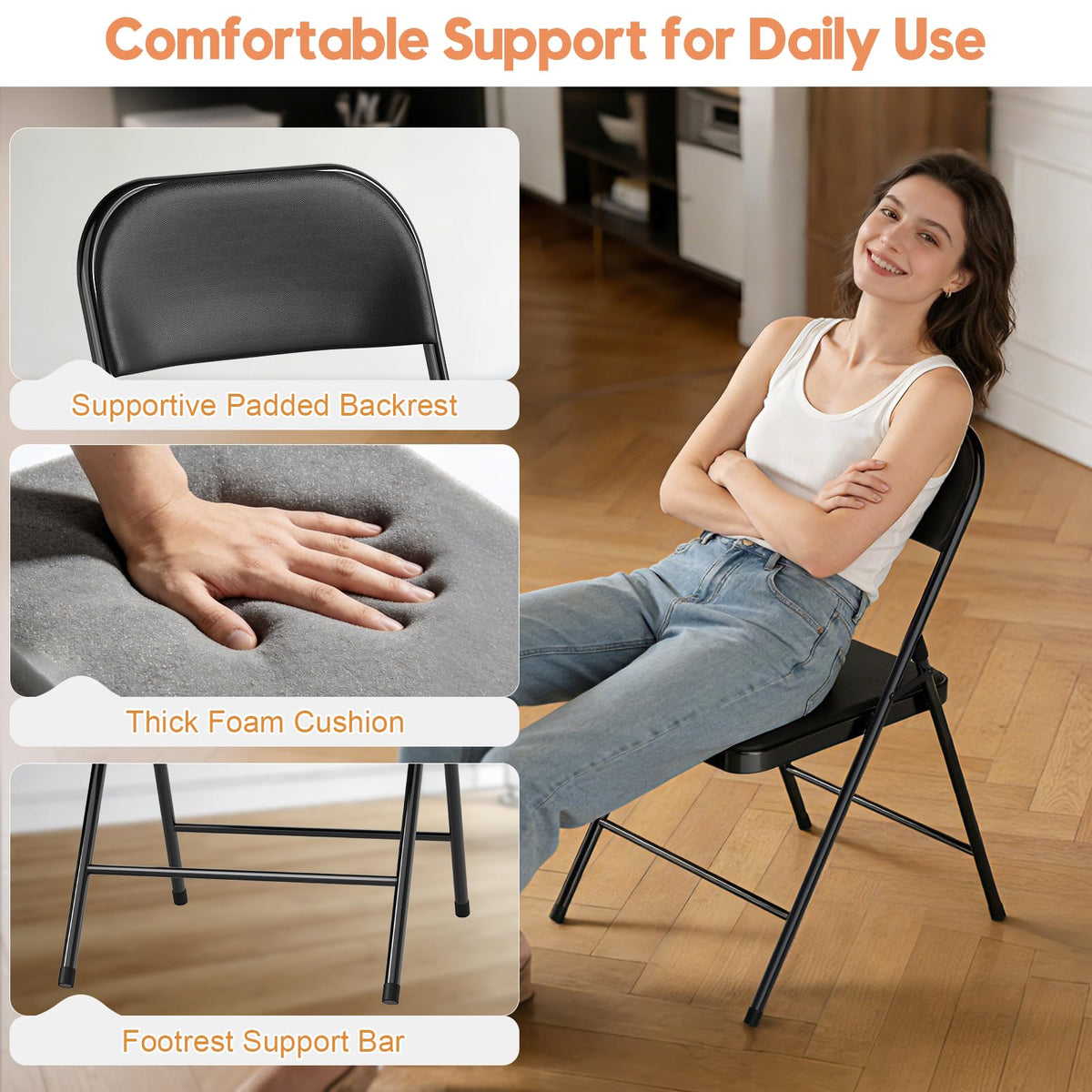 Paquete de 4 sillas Plegables Negras con cojín y Respaldo Acolchados, cómodo Asiento Acolchado con Marco de Metal Duradero, Silla Plegable portátil apilable para el hogar, Oficina, Fiesta, Eventos