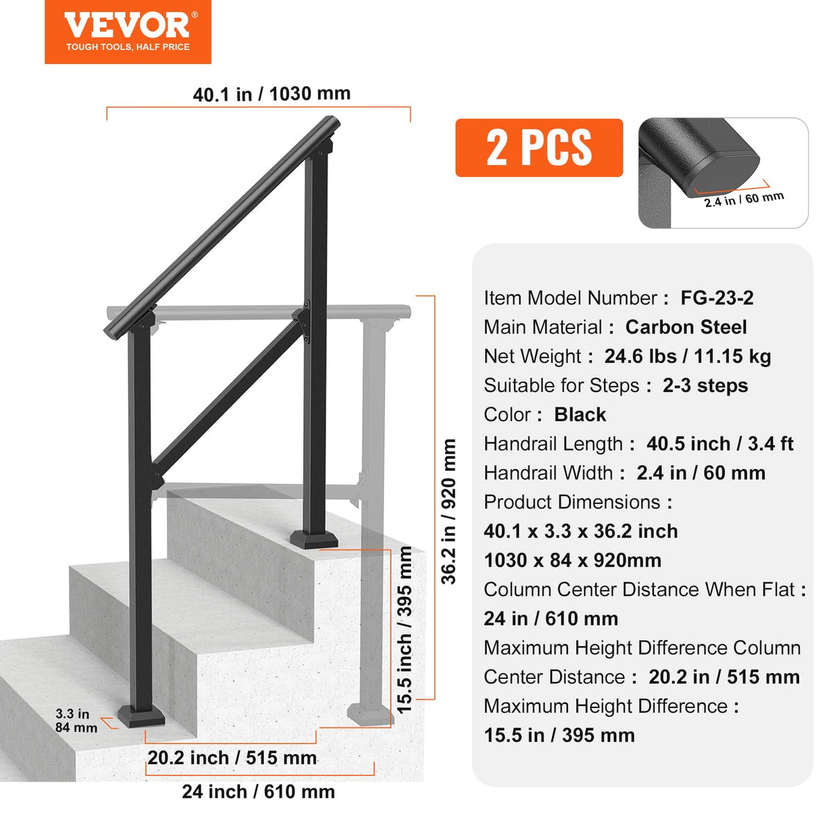 VEVOR de Escalera para Pasamanos de Escalera 2-3 Escalones 2 PCS con Kit de Instalación Tubo Cuadrado de Acero al Carbono para Personas Mayores, Escalones de Concreto, Porche, Patio, Negro