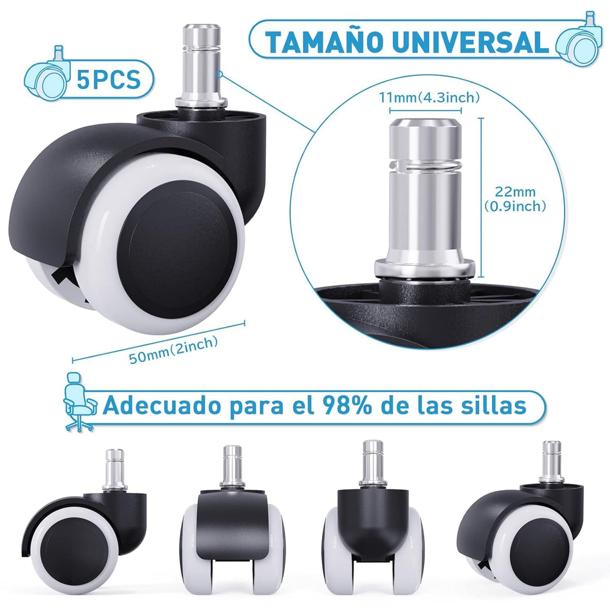 Juego de 5 Ruedas Giratorias Silenciosas para Sillas de Oficina, Ajuste Universal, llantas para silla de oficina de repuesto de 50mm, apto para piso duro