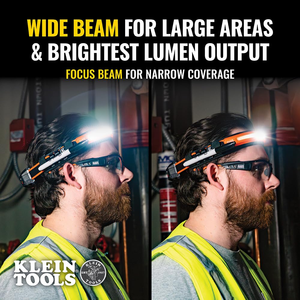 Klein Tools 56308 Linterna LED Frontal, recargable, de Haz Amplio con correa, 575 lúmenes