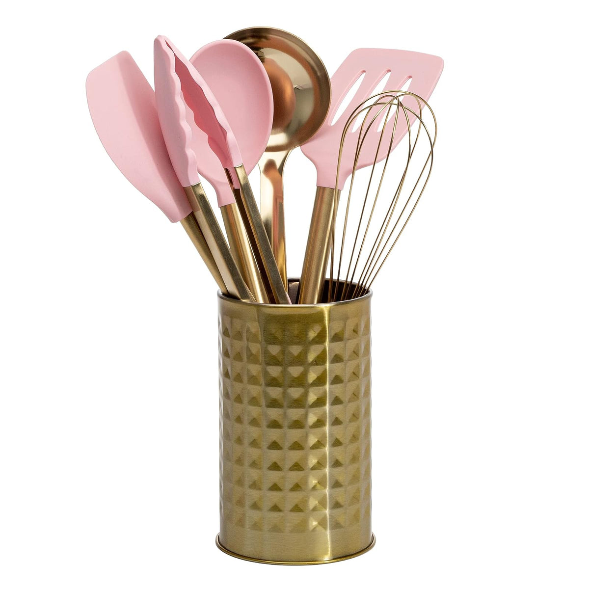 Paris Hilton - Juego de utensilios de cocina con utensilios de cocina de silicona, batidor y cucharón de acero inoxidable, 7 piezas, rosa y dorado