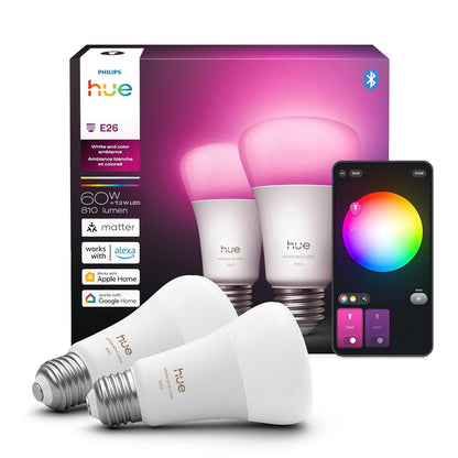 Philips Hue foco LED inteligente A19, color blanco y ambiente de color, base E26, 7,2 W, luz de espectro completo 1000K-20000K, 810 lúmenes, regulable, funciona con Alexa, Google Assistant y Apple