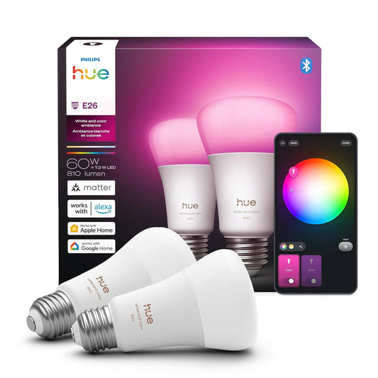Philips Hue foco LED inteligente A19, color blanco y ambiente de color, base E26, 7,2 W, luz de espectro completo 1000K-20000K, 810 lúmenes, regulable, funciona con Alexa, Google Assistant y Apple